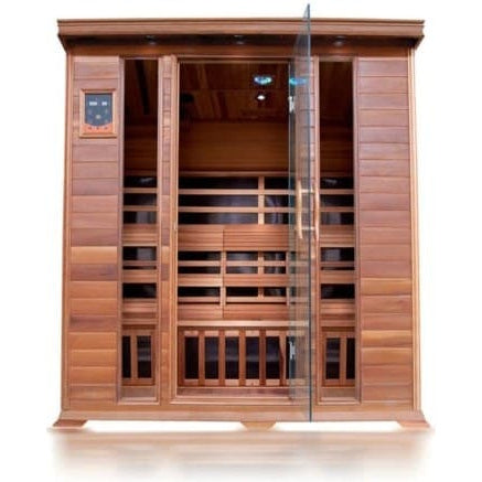 Studio product shot of the SunRay Sequoia 4-Person FAR Infrared Indoor Sauna (model HL400K) against a plain white background, featuring a rich dark-stained wood construction, a front glass door with side window panels, a digital control panel, and recessed ceiling lights.