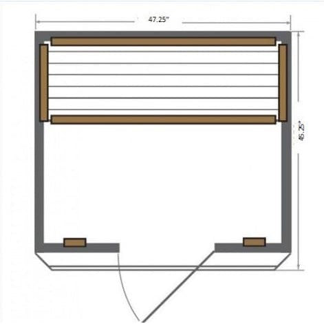 A top-down 2D architectural floor plan of a rectangular sauna measuring 47.25 inches wide by 45.25 inches deep, showing an interior bench across the back wall, brown heating panel layouts, and a front entryway with an outward-swinging door.