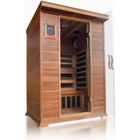 Studio product shot of the SunRay Sierra 2-Person Indoor Infrared Cedar Sauna (model HL200K_3) against a plain white background, featuring darker stained cedar wood construction, a glass door, a digital control panel on the upper left, and dark interior heating panels.