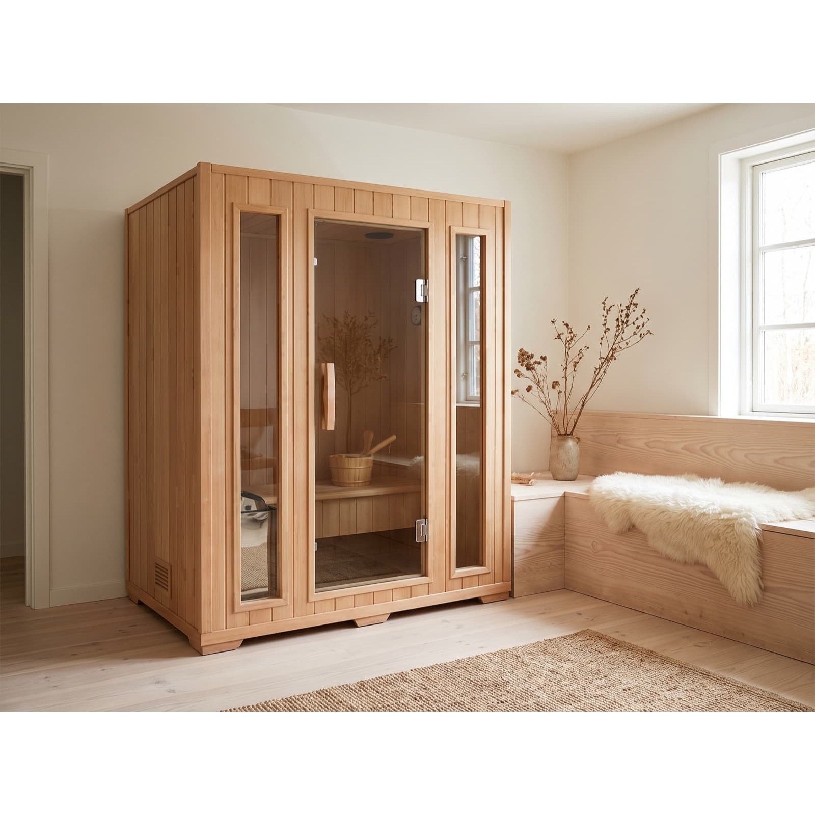 The SunRay Southport 3-Person Indoor Traditional Sauna (model 300SN) installed in a bright, modern indoor room, featuring a natural wood cabin structure, a central glass door flanked by full-length glass panels, and an adjacent built-in wooden bench with a fleece throw and decorative vase.