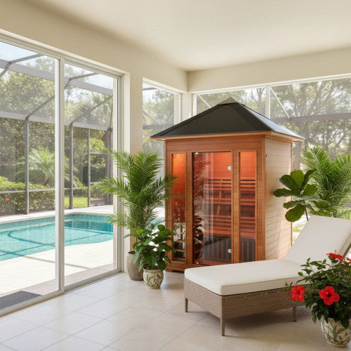 The image shows the SunRay Waverly 3-Person Outdoor Traditional Sauna placed in a bright sunroom or patio enclosure with large glass windows overlooking a swimming pool. A white-cushioned lounge chair, potted plants (including palm trees and a hibiscus with red flowers), and light tile flooring complete the relaxing, tropical-inspired setup.