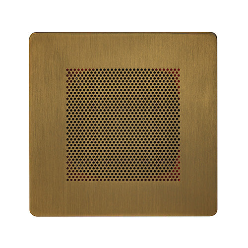 Square brushed brass speaker grille panel with a perforated mesh center.