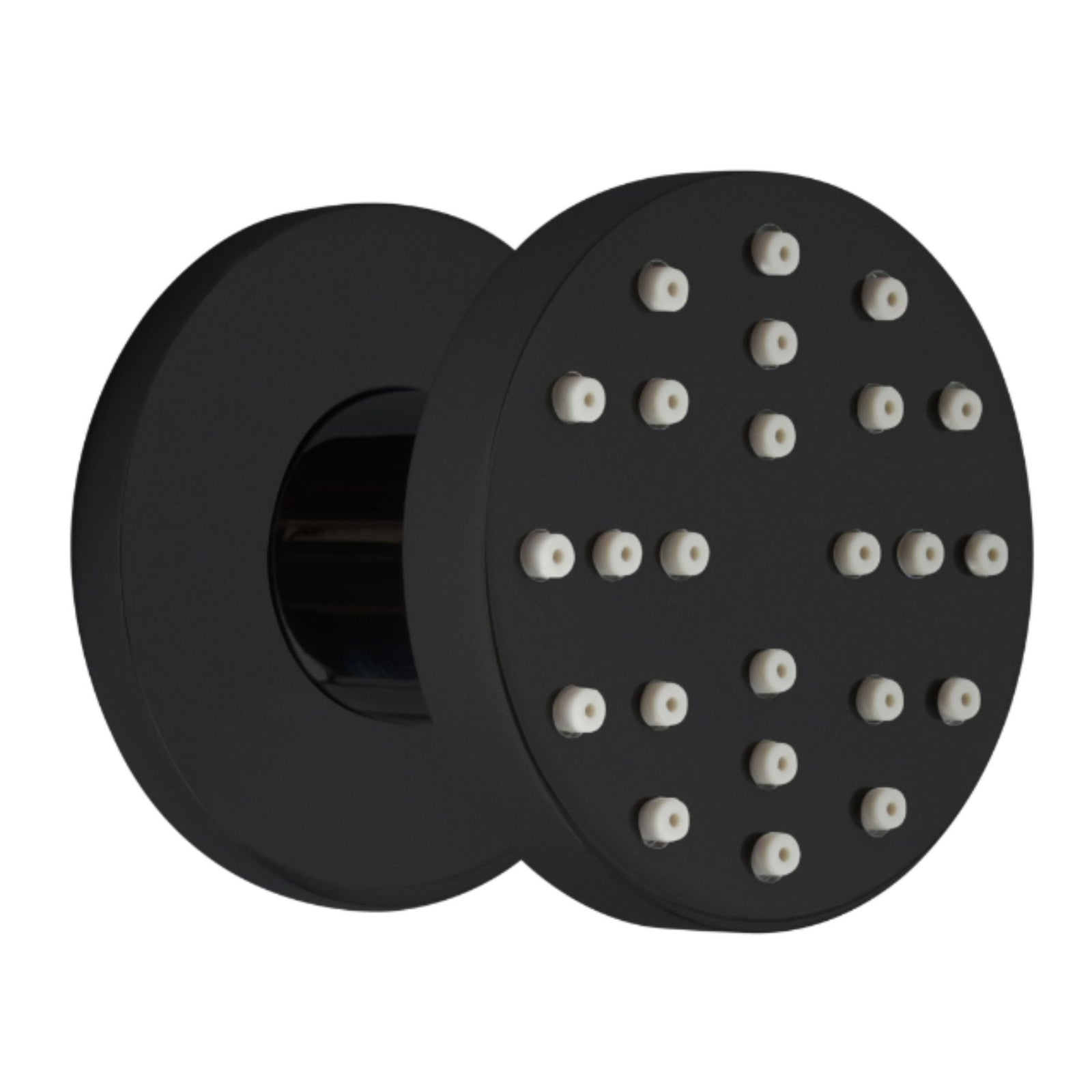 Matte black round body jet shower spray, front and side view.