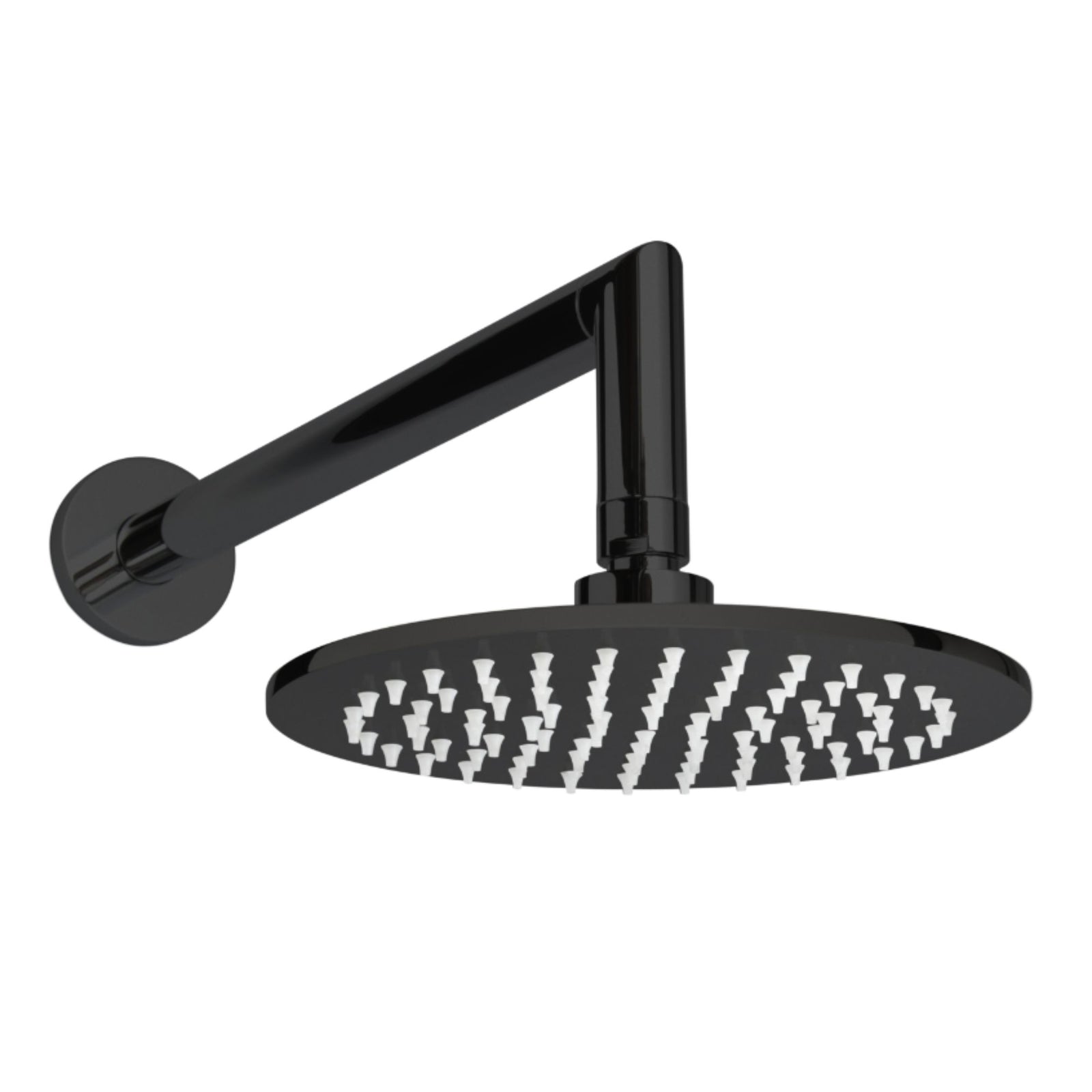 Black round rain showerhead with wall-mounted arm.