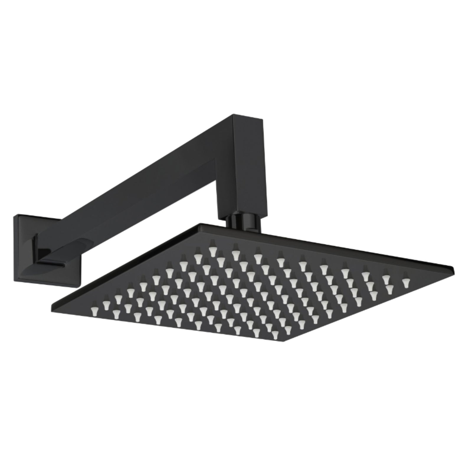 Matte black square rain showerhead with wall-mounted arm.