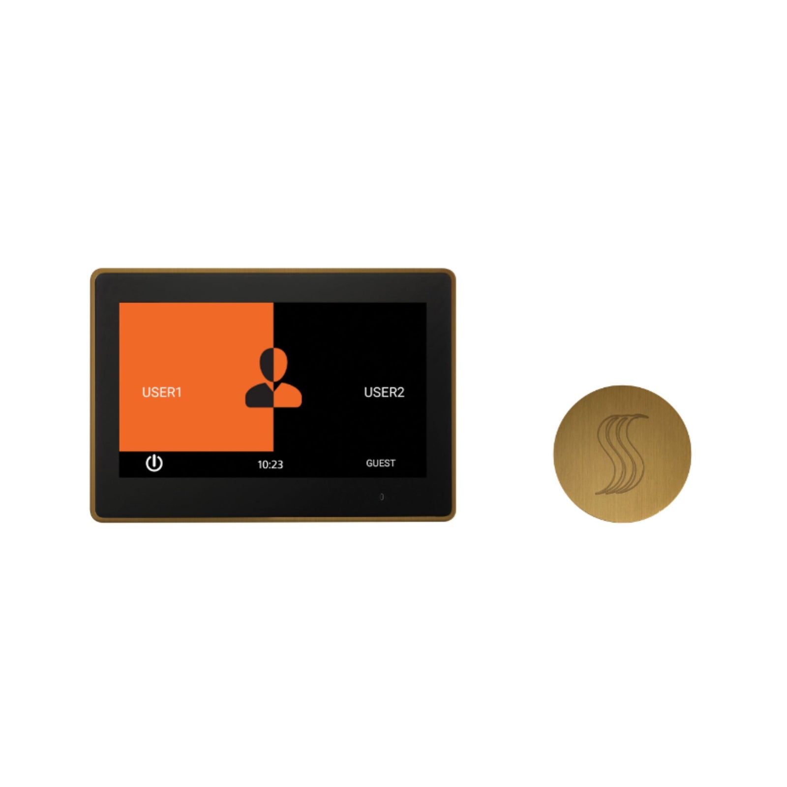An antique brass-finished ThermaSol steam shower kit featuring a touchscreen controller with user profile selection options (USER1, USER2, GUEST) and a matching round steam head with the ThermaSol logo.