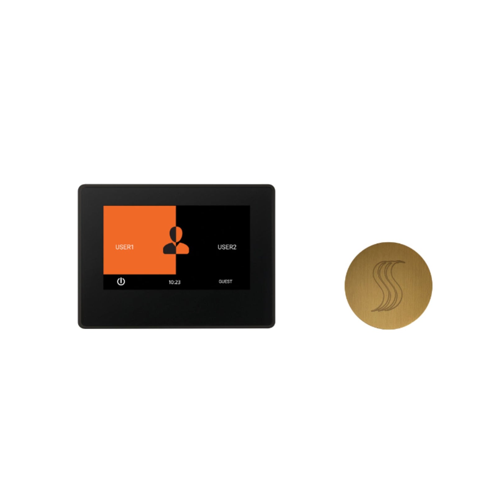 A black touchscreen controller interface displayed next to a circular brushed brass wall control engraved with a wavy three-line heat logo.
