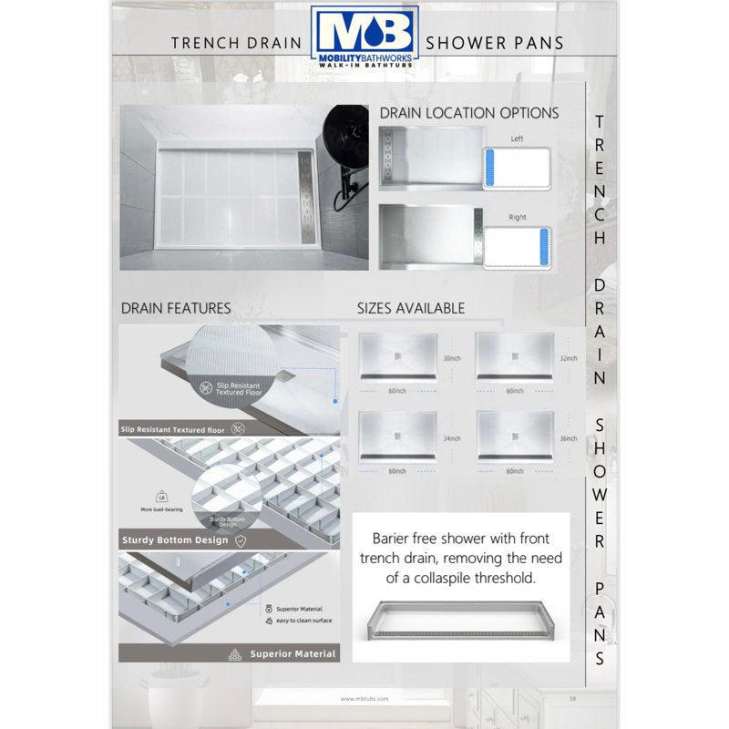 Avora Bath 60'' W x 30'' D Euro Barrier Free Shower Base with Front Trench 6030WFCBFSPO