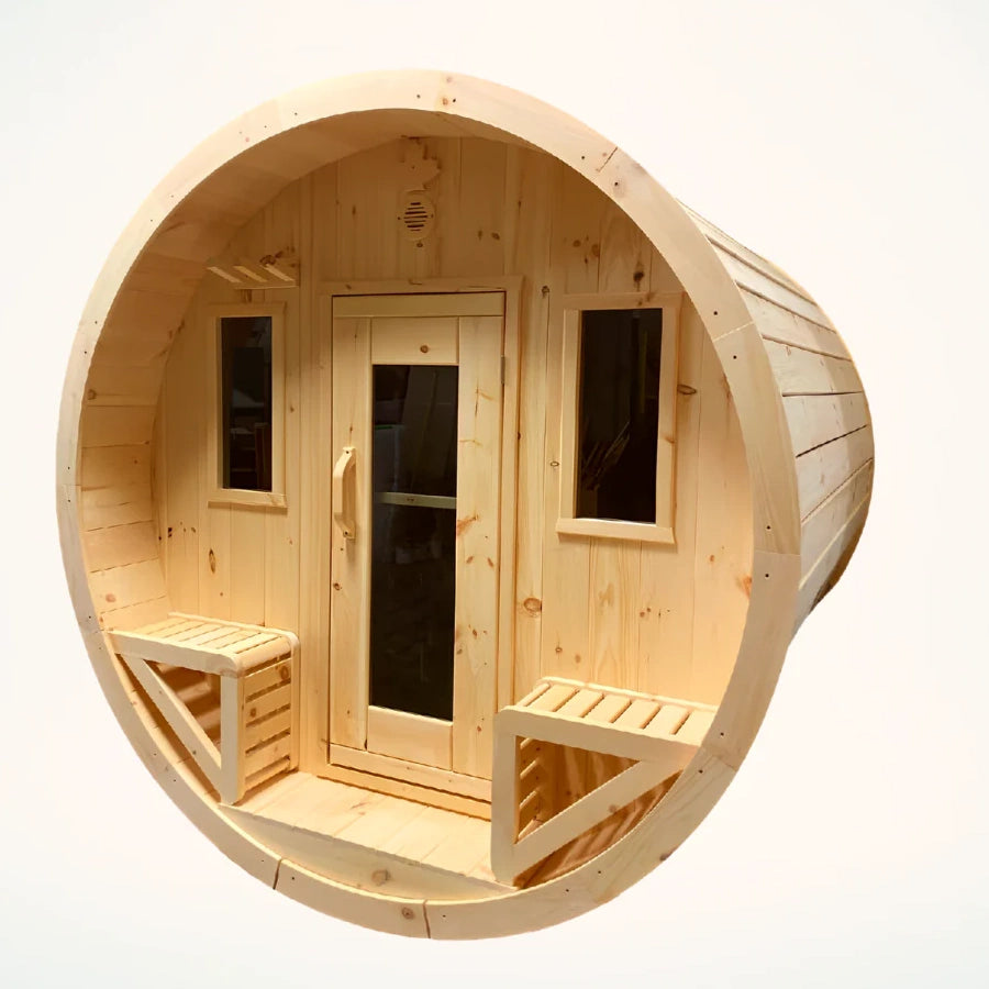 True North Barrel Outdoor Sauna TNSBS - Top-quality Red Cedar, White Cedar, or Pine Wood - Porch includes 2 premium design seats - Glass doors - Door handles - Roof boards - Vital Hydrotherapy