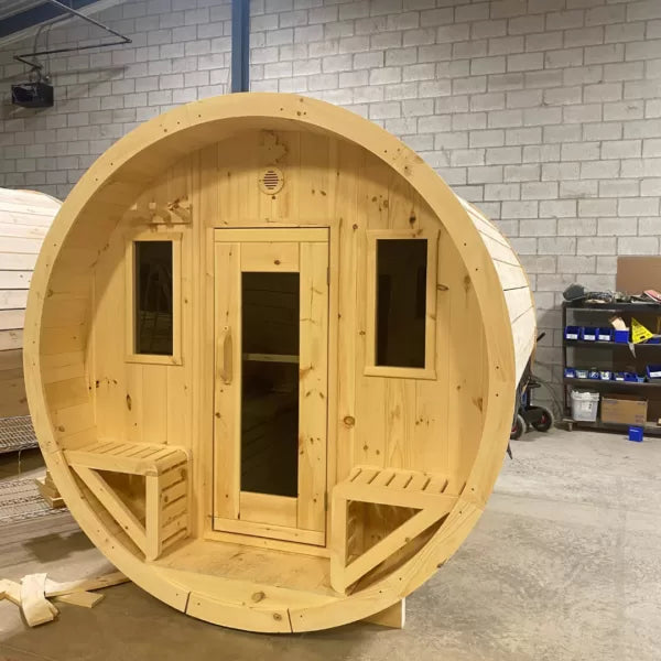 True North Barrel Outdoor Sauna TNSBS - Top-quality Red Cedar, White Cedar, or Pine Wood - Porch includes 2 premium design seats - Glass doors - Door handles - Roof boards - Vital Hydrotherapy