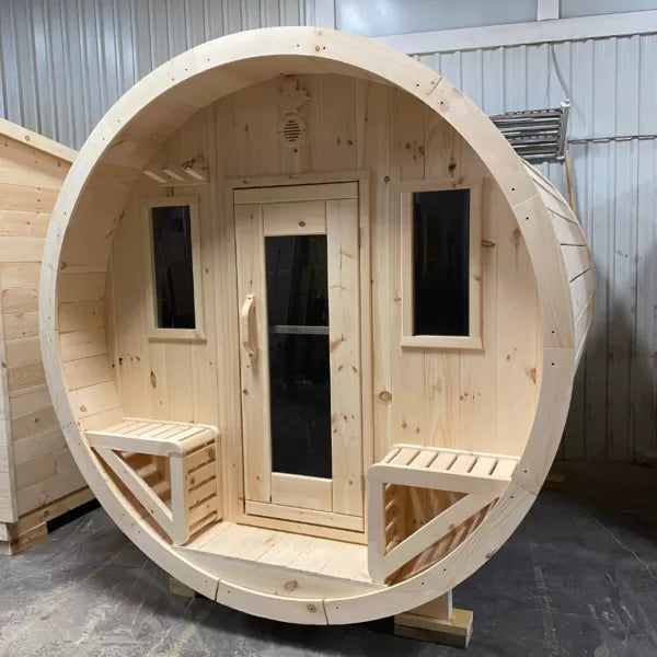 True North Barrel Outdoor Sauna TNSBS - Top-quality Red Cedar, White Cedar, or Pine Wood - Porch includes 2 premium design seats - Glass doors - Door handles - Roof boards - Vital Hydrotherapy