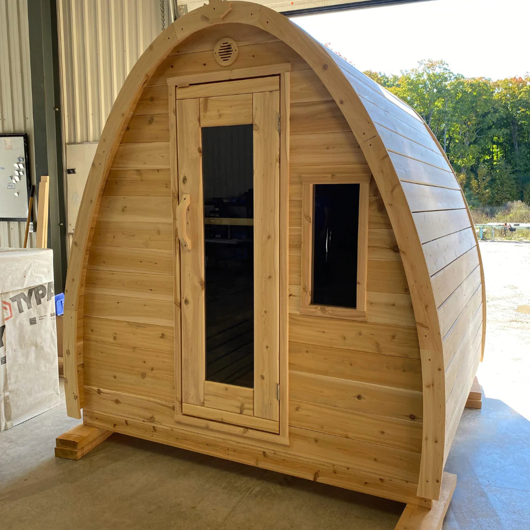 True North Saunas Large Pod Outdoor Sauna TNSLPS - Premium Red Cedar, White Cedar, or Pine Wood - Roof membrane - Roof boards - Flat floors - Door Handles - Glass Doors - Benches - Vital Hydrotherapy