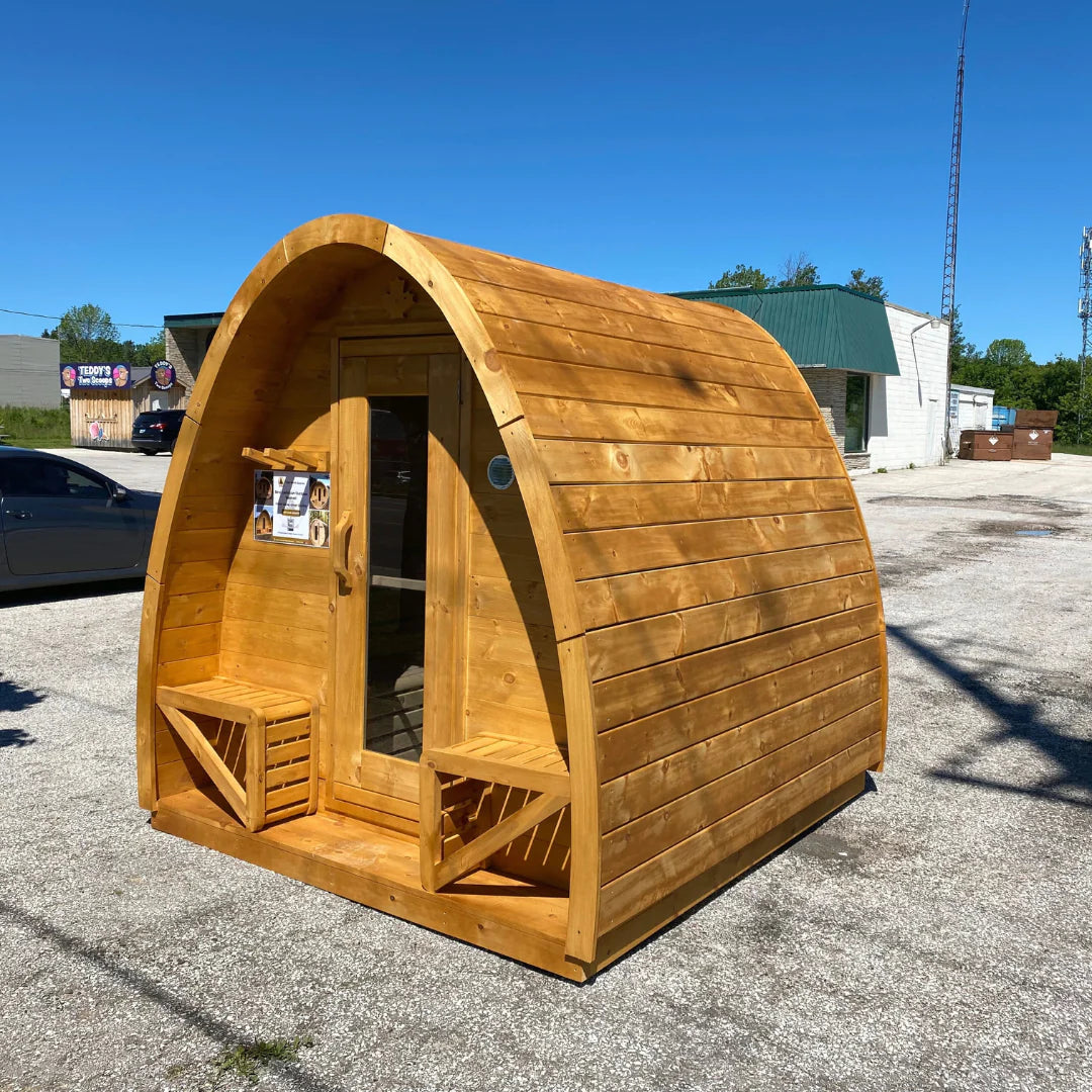 True North Saunas Large Pod Outdoor Sauna TNSLPS - Premium Red Cedar, White Cedar, or Pine Wood - Porch Includes 2 Premium Design Seats - Roof membrane - Roof boards - Flat floors - Door Handles - Glass Doors - Benches - Vital Hydrotherapy