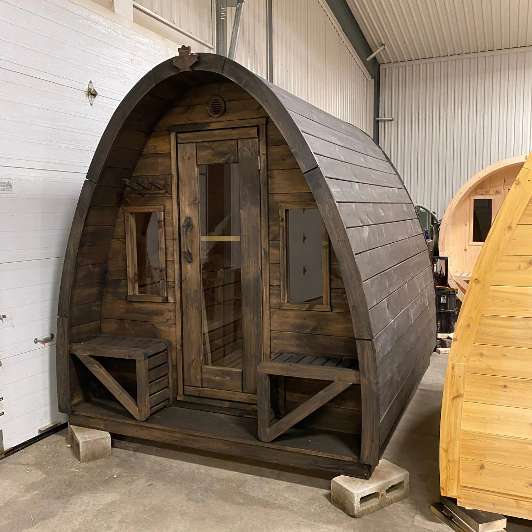 True North Saunas Large Pod Outdoor Sauna TNSLPS - Premium Red Cedar, White Cedar, or Pine Wood - Porch Includes 2 Premium Design Seats - Roof membrane - Roof boards - Flat floors - Door Handles - Glass Doors - Benches - Vital Hydrotherapy