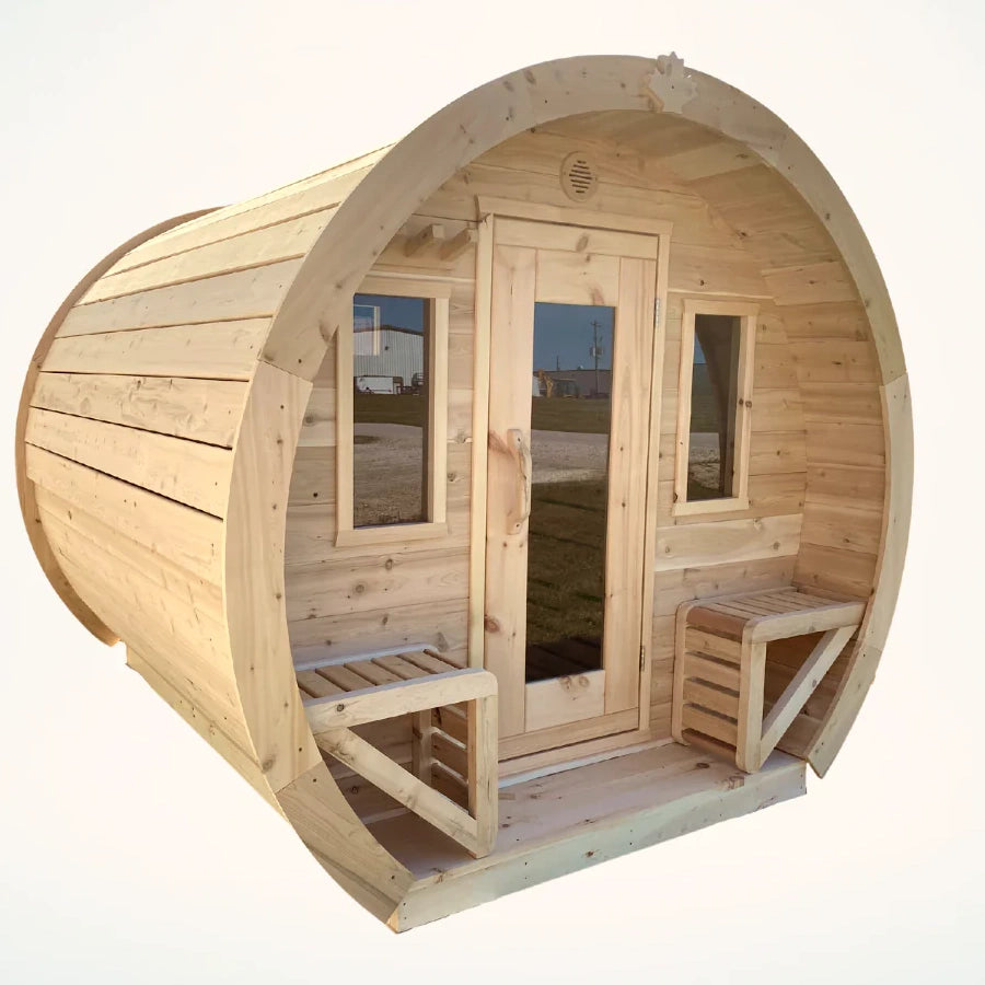 True North Saunas Schooner Outdoor Sauna TNSSS - Top-quality Red Cedar, White Cedar, or Pine Wood - Porch Includes 2 Premium Design Seats - Roof membrane - Roof boards - Flat floors - Door Handles - Glass Doors - Benches - Vital Hydrotherapy