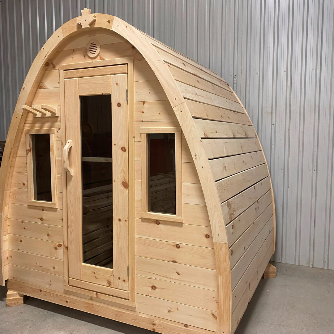 True North Saunas Tiny Pod Outdoor Sauna TNSTPS - Top-quality Red Cedar, White Cedar, or Pine Wood - Roof membrane - Roof boards - Flat floors - Door handles - Glass doors - Vital Hydrotherapy