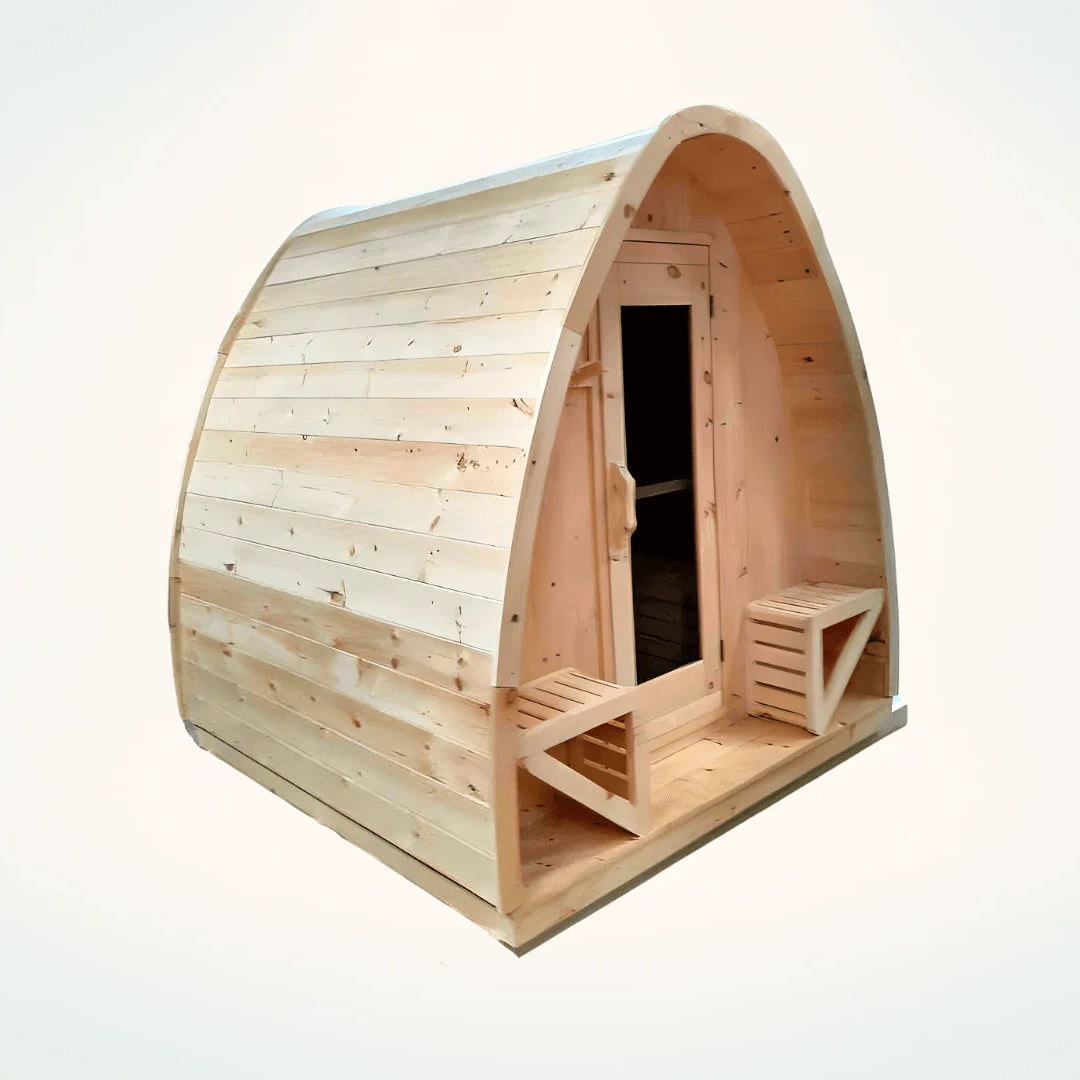 True North Saunas Tiny Pod Outdoor Sauna TNSTPS - Top-quality Red Cedar, White Cedar, or Pine Wood - Porch Includes 2 Premium Design Seats - Roof membrane - Roof boards - Flat floors - Door handles - Glass doors - Vital Hydrotherapy