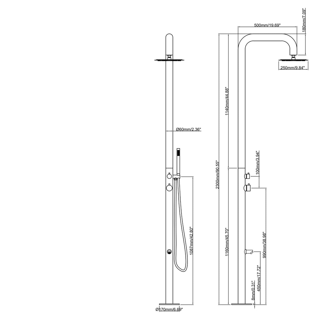 Wayime 91" Separable&Composable Free-Standing Brushed Stainless Steel 304 Rainfall Outdoor Shower with DOE Certificate CB-016