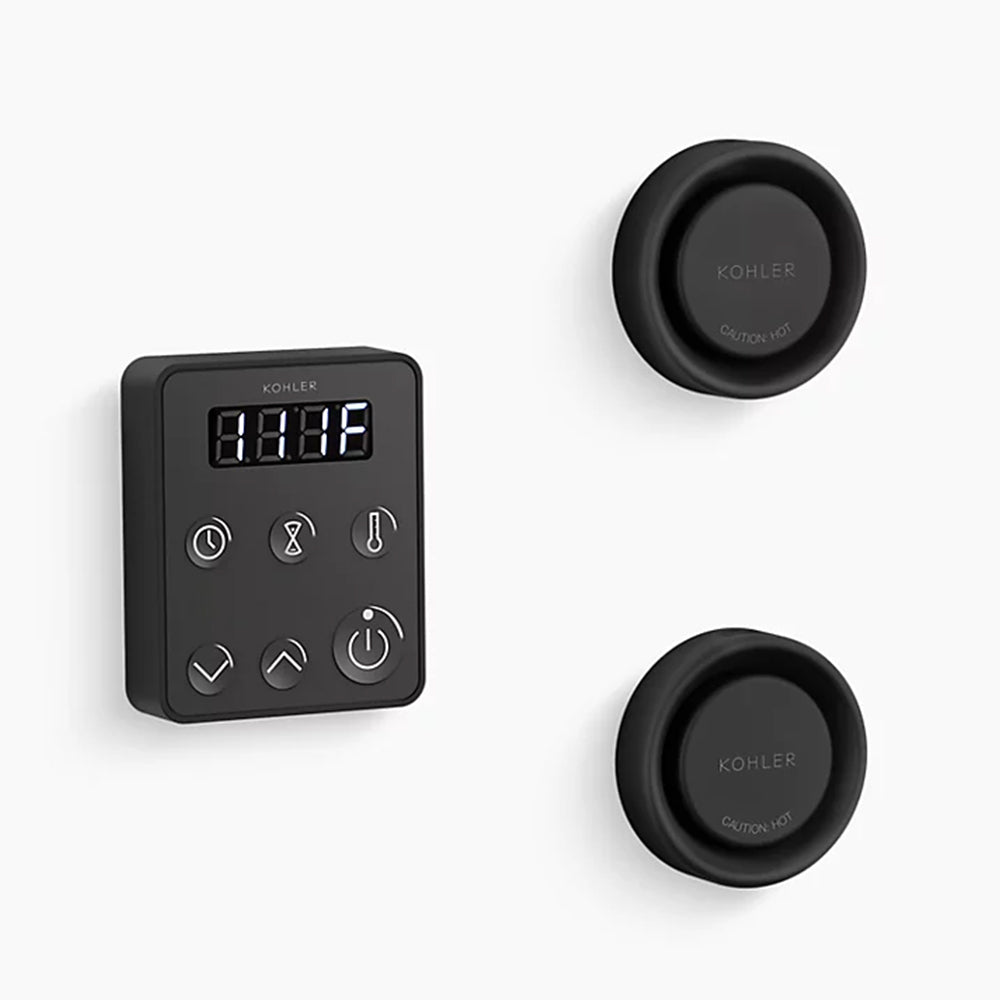 A brushed brass Kohler digital shower interface on a white background. On the left is a square control box with rounded corners. It has a digital screen at the top displaying "111 F" in glowing white. Below the screen are two rows of circular buttons with thin white icons: a clock, an hourglass, a thermometer, a down arrow, an up arrow, and a power symbol. To the right of the control box are two matching, circular, thick-rimmed shower knobs stacked vertically, each embossed w/ "Kohler" and "Caution Hot"