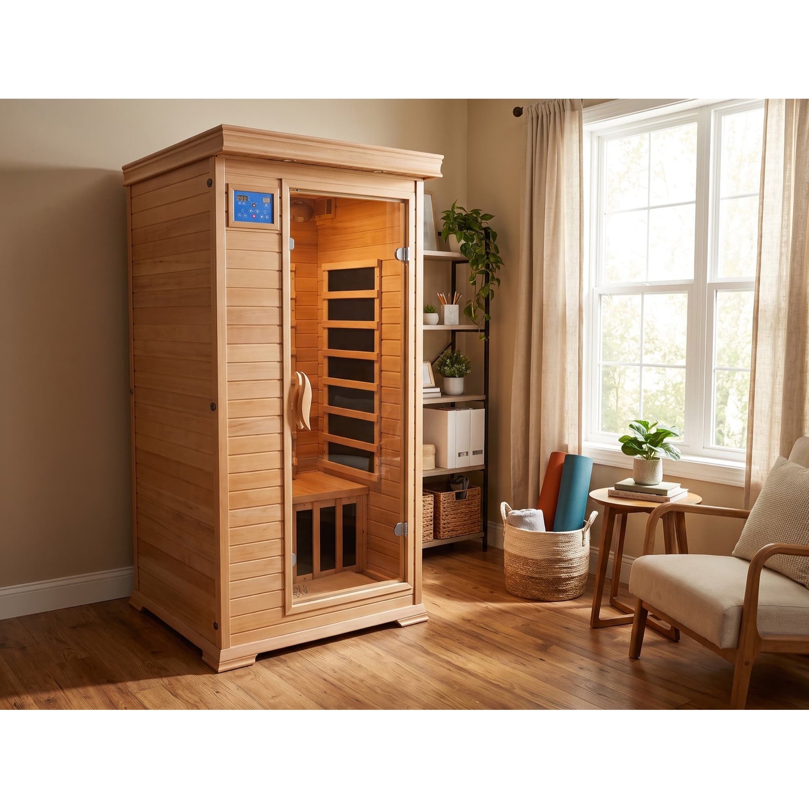 An indoor, light-brown cedar infrared sauna stands in a brightly lit room with a wooden floor. The sauna features a glass door, a digital control panel near the top left, and a wooden bench inside. Next to it are a tall shelving unit with plants, a woven basket holding rolled yoga mats and towels, a small wooden side table with a potted plant, and an armchair.