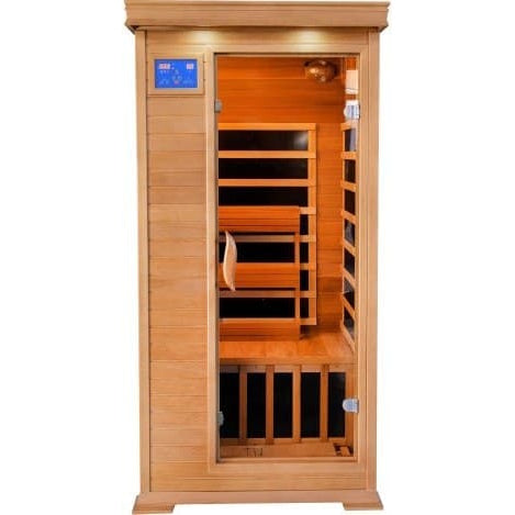 Front-facing studio shot of the SunRay Sedona 1-2 Person Indoor Infrared Cedar Sauna against a plain white background, showing its light cedar wood construction, front glass door, blue digital control panel, and dark interior heating panels.