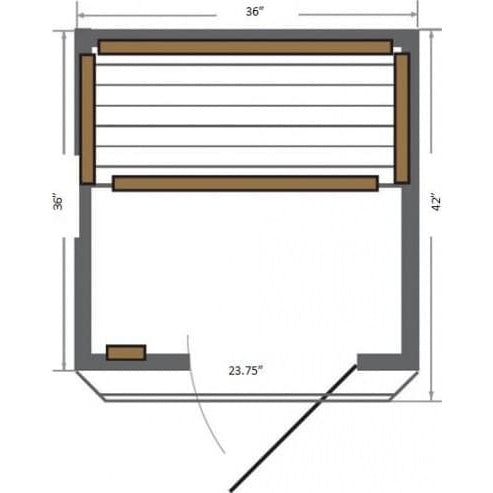 A top-down 2D architectural floor plan of a rectangular sauna measuring 36 inches wide by 42 inches deep. The layout shows an interior bench spanning the back wall, surrounding infrared heating panels indicated by brown rectangles, and an entryway at the front with a 23.75-inch opening and an outward-swinging door.