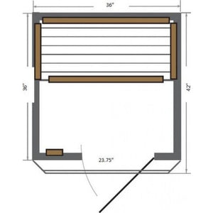 A top-down 2D architectural floor plan of a rectangular sauna measuring 36 inches wide by 42 inches deep. The layout shows an interior bench spanning the back wall, surrounding infrared heating panels indicated by brown rectangles, and an entryway at the front with a 23.75-inch opening and an outward-swinging door.
