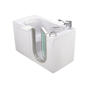 Ella Elite 30"x52" Acrylic Soaking Walk-In Bathtub with Brushed stainless steel and frosted tempered glass door and Right Swing Door, 2 Piece Fast Fill Faucet, 2" Dual Drain, 2 overflows, two 5 ft. incoming supply lines and 2 drain elbows, 2 stainless steel grab bars, 360° swivel tray, Detachable wide backrest in a white background.