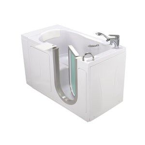 Ella Royal 32"x52" Acrylic Soaking Walk-In-Bathtub, Right Inward Swing Door, 2 Piece Fast Fill Faucet, 2" Dual Drain, 24” wide seat, 2 stainless steel grab bars, 360° swivel tray, Brushed stainless steel and frosted tempered glass door in a white background