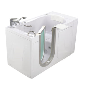 Ella Elite 30"x52" Acrylic Hydro + Air (Dual) Massage Walk-In Bathtub with Brushed stainless steel and frosted tempered glass door and Left Swing Door, 2 Piece Fast Fill Faucet, 2" Dual Drain, 2 overflows, two 5 ft. incoming supply lines and 2 drain elbows, 2 stainless steel grab bars, 360° swivel tray, Detachable wide backrest in a white background.