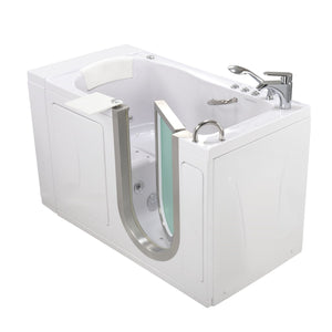 Ella Elite 30"x52" Acrylic Hydro + Air (Dual) Massage Walk-In Bathtub with Brushed stainless steel and frosted tempered glass door and Right Swing Door, 2 Piece Fast Fill Faucet, 2" Dual Drain, 2 overflows, two 5 ft. incoming supply lines and 2 drain elbows, 2 stainless steel grab bars, 360° swivel tray, Detachable wide backrest in a white background.
