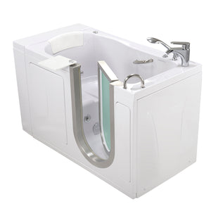 Ella Elite 30"x52" Acrylic Hydro + Heat Massage Walk-In Bathtub with Brushed stainless steel and frosted tempered glass door and Right Swing Door, 2 Piece Fast Fill Faucet, 2" Dual Drain, 2 overflows, two 5 ft. incoming supply lines and 2 drain elbows, 2 stainless steel grab bars, 360° swivel tray, Detachable wide backrest in a white background.
