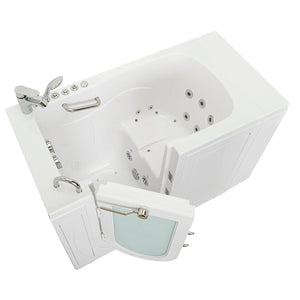 Ella Monaco 32"x52" Acrylic Air and Hydro Massage Walk-In Bathtub with Left Outward Swing Door, 2 Piece Fast Fill Faucet, 2" Dual Drain, 2 stainless steel grab bars, 23” wide seat, Composite and tempered glass outward swing door with door seal and ANTI-leak 3 latch system in a white background.