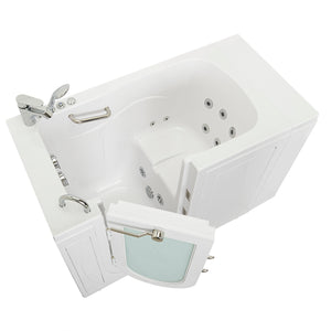 Ella Capri 30"x52" Acrylic Hydro Massage Walk-In Bathtub with Left Swing Door, 2 Piece Fast Fill Faucet, 2" Dual Drain, 2 overflows, two 5 ft. incoming supply lines and 2 drain elbows, 2 stainless steel grab bars in a white background.