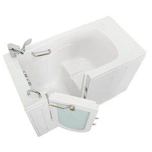 Ella Monaco 32"x52" Acrylic Soaking Walk-In-Bathtub, Left Outward Swing Door, 2 Piece Fast Fill Faucet, 2" Dual Drain, 2 stainless steel grab bars, 23” wide seat, Composite and tempered glass outward swing door with door seal and ANTI-leak 3 latch system in a white background.