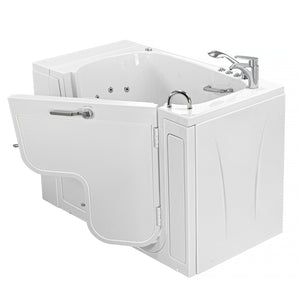 Ella Wheelchair Transfer 30"x52" Acrylic Hydro Massage Walk-In Bathtub - L-shape wheelchair, Cast acrylic high gloss finish, Rugged stainless steel frame, fiberglass gel-coat reinforced with 2-latch door lock system concealed with an acrylic decorative cover, Right side wheelchair accessible outward swing door with 2 stainless steel grab bars, 2 Piece Fast-Fill Faucet and multi-functional hand shower in chrome finish Walk-In Bathtub