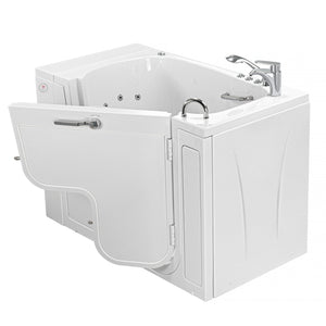 Ella Wheelchair Transfer 32"x52" Acrylic Air and Hydro Massage and Heated Seat Walk-In Bathtub with Right Outward Swing Door, 2 Piece Fast Fill Faucet, 2" Dual Drain,  24” wide seat, 2 stainless steel grab bars, L-shape wheelchair transfer outswing door in a white background.