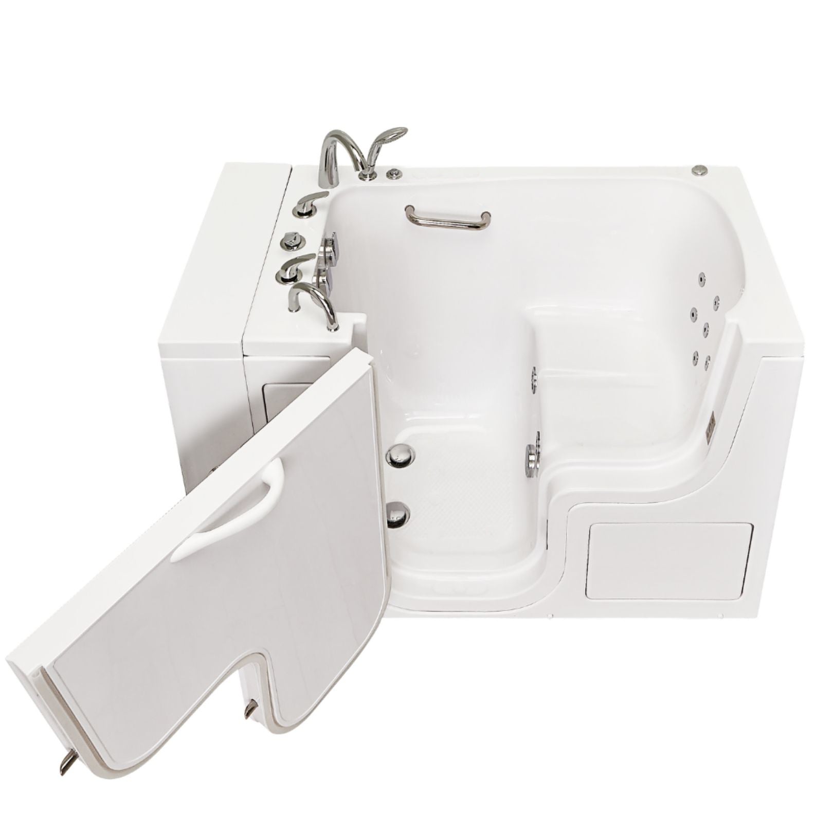 Ella Wheelchair Transfer 32"x52" Acrylic Hydro Massage Walk-In Bathtub with Left Outward Swing Door, 2 Piece Fast Fill Faucet, 2" Dual Drain,  24” wide seat, 2 stainless steel grab bars, L-shape wheelchair transfer outswing door in a white background.