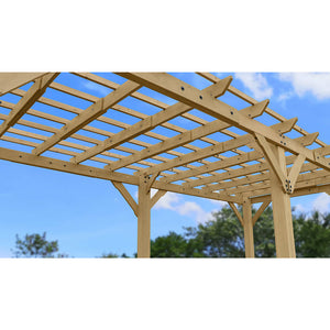Yardistry 10 x 22 Meridian Pergola YM11932 - Multilevel Pergola With Profiled Beam and Trellis Ends - Architectural Post and Beam Detailing - Posts With Classic Plinths - Unique Gusset Design - Natural Cedar Stain Color - Vital Hydrotherapy