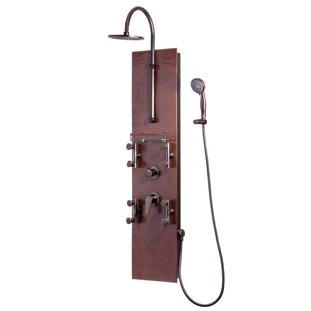 PULSE ShowerSpas Hammered Copper ORB Shower Panel - Mojave ShowerSpa - Hand-forged hammered copper panel with brass fixtures in Oil-Rubbed Bronze finish - with 8" Brass rain showerhead with soft tips, Five-function hand shower with double-interlocking stainless steel hose, 4 Dual-head brass body jets, Built-in glass shelf with ORB accents - 1016 - Vital Hydrotherapy