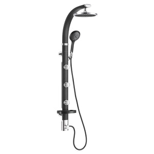 PULSE ShowerSpas Aluminum Shower System - Bonzai Shower System - Black anodized aluminum body with chrome fixtures, arched shower arm pivots side to side, with 8" Rain showerhead with soft tips, Five-function hand shower with 59" non-marring hose, 3 body jets, Brass diverter and shelf- 1017 - Vital Hydrotherapy