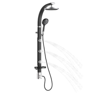 PULSE ShowerSpas Aluminum Shower System - Bonzai Shower System - Black anodized aluminum body with chrome fixtures, arched shower arm pivots side to side, with 8" Rain showerhead with soft tips, Five-function hand shower with 59" non-marring hose, 3 body jets, Brass diverter and shelf- 1017 - Vital Hydrotherapy