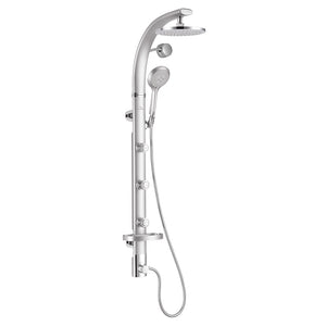 PULSE ShowerSpas Aluminum Shower System - Bonzai Shower System - Silver anodized aluminum body with chrome fixtures, arched shower arm pivots side to side, with 8" Rain showerhead with soft tips, Five-function hand shower with 59" non-marring hose, 3 body jets, Brass diverter and shelf- 1017 - Vital Hydrotherapy