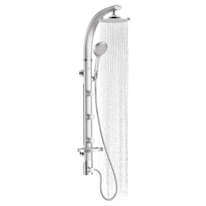 PULSE ShowerSpas Aluminum Shower System - Bonzai Shower System - Silver anodized aluminum body with chrome fixtures, arched shower arm pivots side to side, with 8" Rain showerhead with soft tips, Five-function hand shower with 59" non-marring hose, 3 body jets, Brass diverter and shelf- 1017 - Vital Hydrotherapy