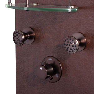 PULSE ShowerSpas Hammered Copper ORB Shower Panel - Navajo ShowerSpa 1018 - Hand-forged hammered copper panel with brass fixtures in Oil-Rubbed Bronze finish - 4 Three-function brass Infinity Jets, Brass diverter and Built-in glass shelf with ORB accents - Vital Hydrotherapy