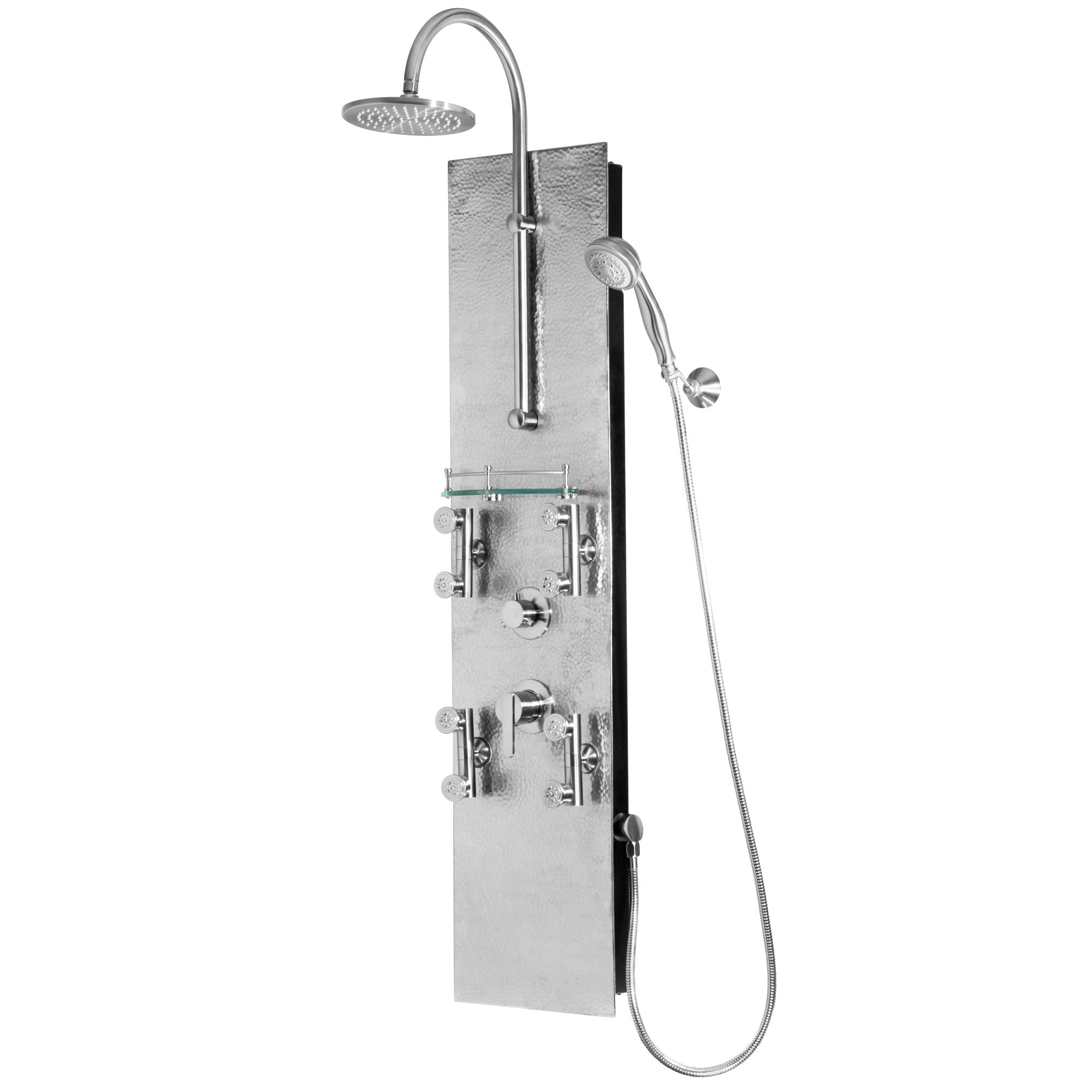 PULSE ShowerSpas Hammered Brushed Aluminum Shower Panel - Vaquero ShowerSpa - Hand-forged hammered brushed aluminum panel accented with Brushed Nickel components - with 8" Rain showerhead with soft tips, 4 Dual-head brass body jets, Five-function hand shower with double-interlocking stainless steel hose, Brass diverter, Built-in glass shelf with Brushed Nickel accents - 1027 - Vital Hydrotherapy