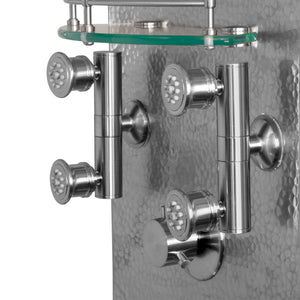 PULSE ShowerSpas Hammered Brushed Aluminum Shower Panel - Vaquero ShowerSpa - Hand-forged hammered brushed aluminum panel accented with Brushed Nickel components - with 4 Dual-head brass body jets, Brass diverter and Built-in glass shelf with Brushed Nickel accents - 1027 - Vital Hydrotherapy