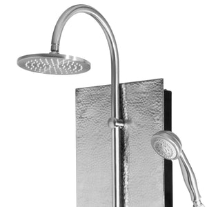 PULSE ShowerSpas Hammered Brushed Aluminum Shower Panel - Vaquero ShowerSpa - Hand-forged hammered brushed aluminum panel accented with Brushed Nickel components - with 8" Rain showerhead with soft tips and Five-function hand shower with double-interlocking stainless steel hose - 1027 - Vital Hydrotherapy