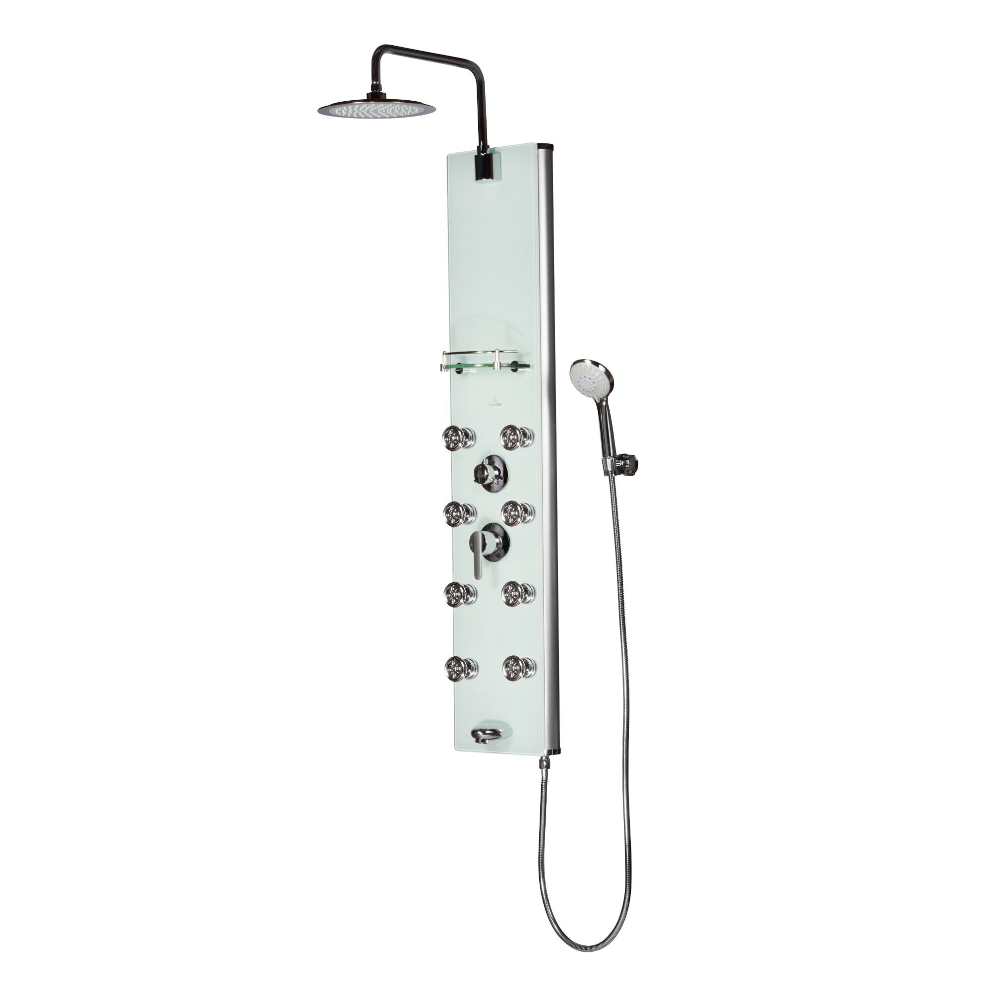 PULSE ShowerSpas Seafoam Glass Shower Panel - Lahaina ShowerSpa - Seafoam tempered glass panel with anodized aluminum frame and chrome accents - with 9-1/2-in thin profile rain showerhead with soft tips, brass shower arm, 8 dual-function Select-a-Jets, 5-function hand shower with double-interlocking stainless steel hose, and glass shelf - 1030 - Vital Hydrotherapy