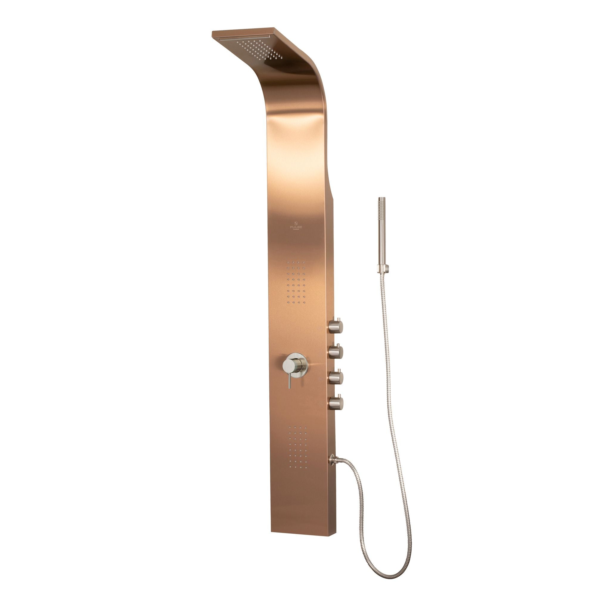 PULSE ShowerSpas Brushed Bronze Stainless Steel Shower Panel - Santa Cruz ShowerSpa - electro-anodized brushed bronze finish - with Oversized body jets, hand shower with double-interlocking stainless steel hose, pressure balance valve and Multiple diverters - 1033 - Vital Hydrotherapy